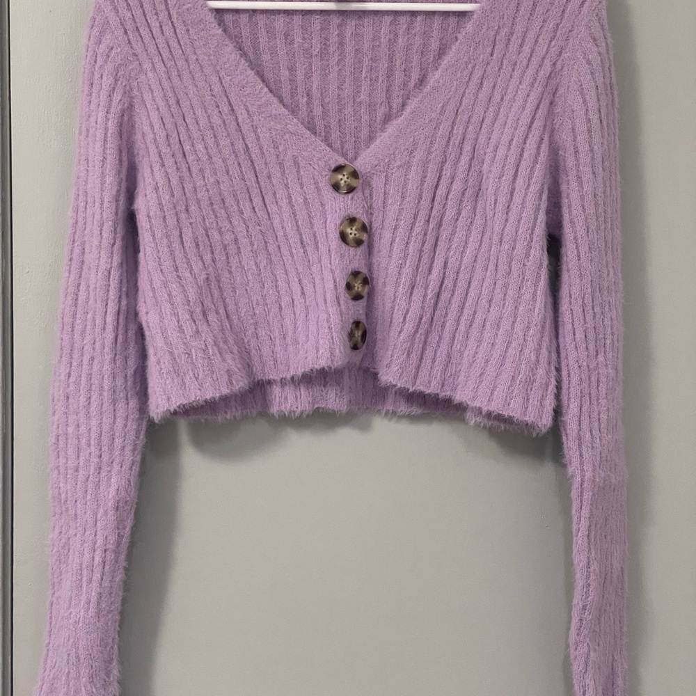 Purple Ribbed Cardigan with Button Detail